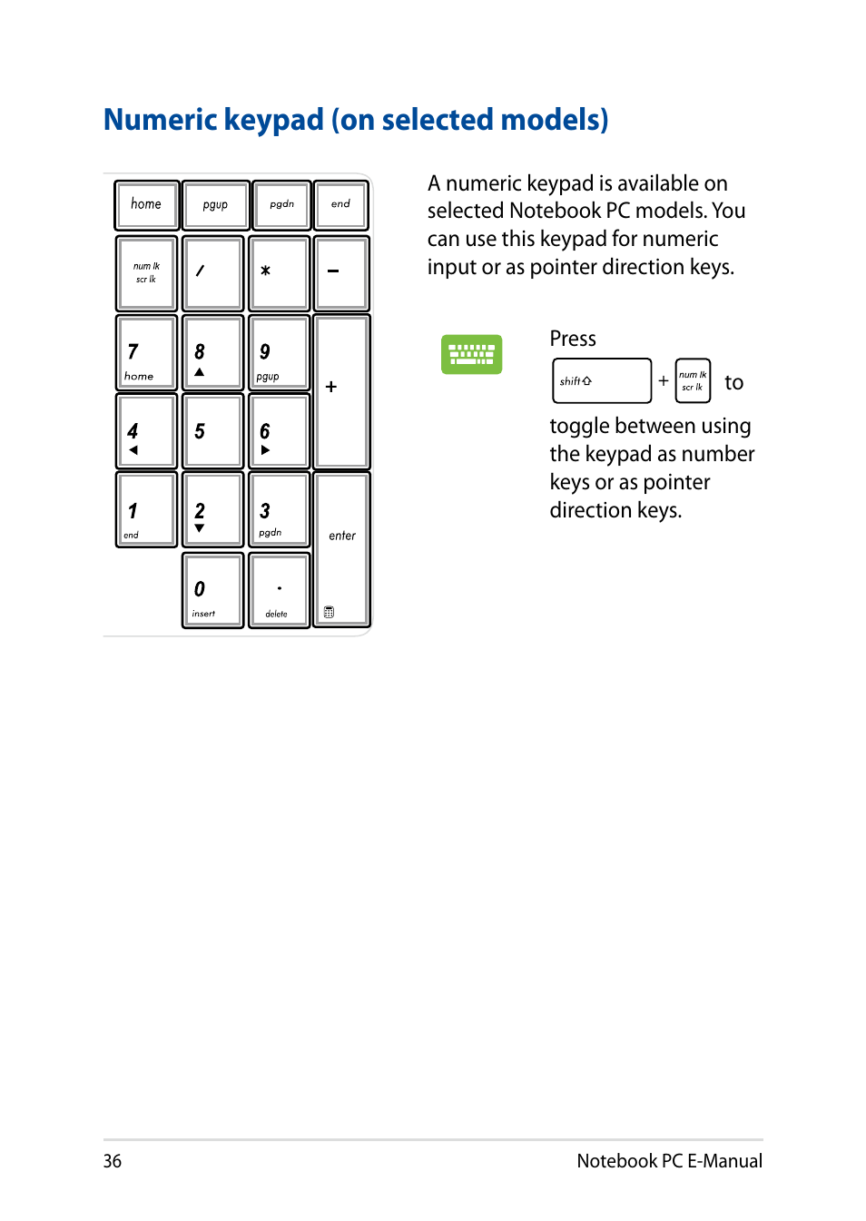 Numeric keypad (on selected models) | Asus X751LD User Manual | Page 36 / 104