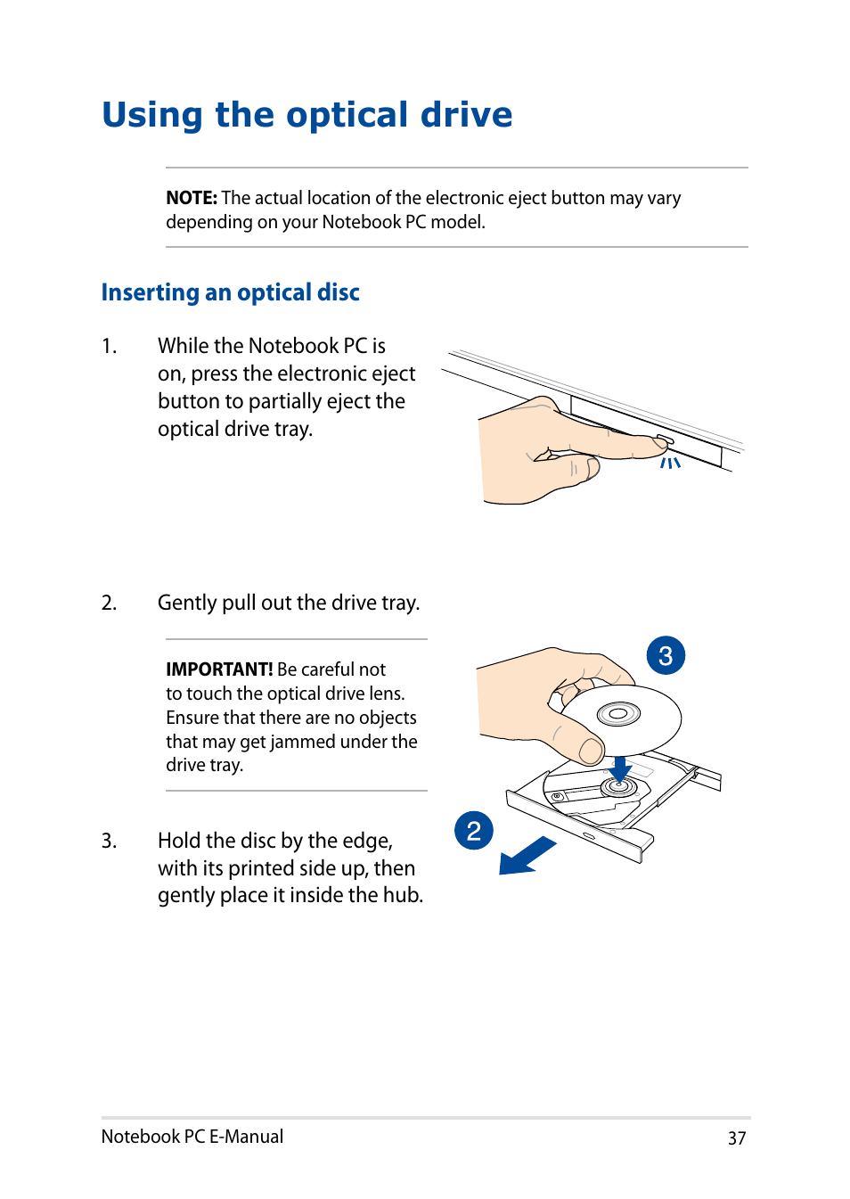 Using the optical drive, Inserting an optical disc | Asus X751LD User Manual | Page 37 / 104