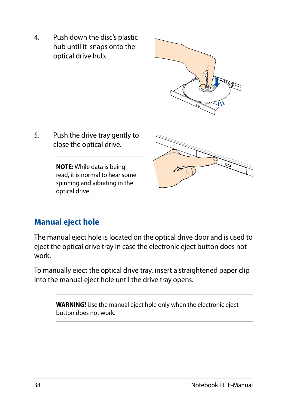 Manual eject hole | Asus X751LD User Manual | Page 38 / 104