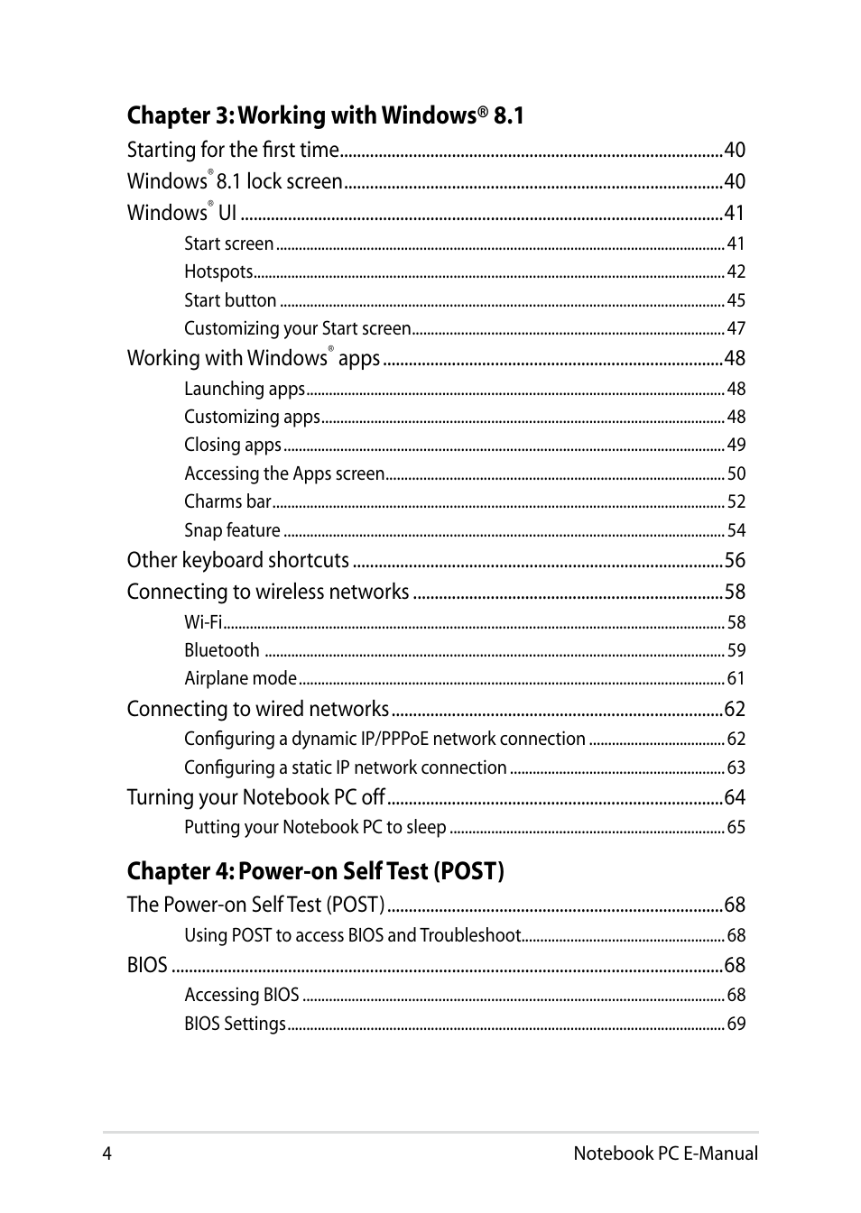 Chapter 3: working with windows® 8.1, Chapter 4: power-on self test (post) | Asus X751LD User Manual | Page 4 / 104