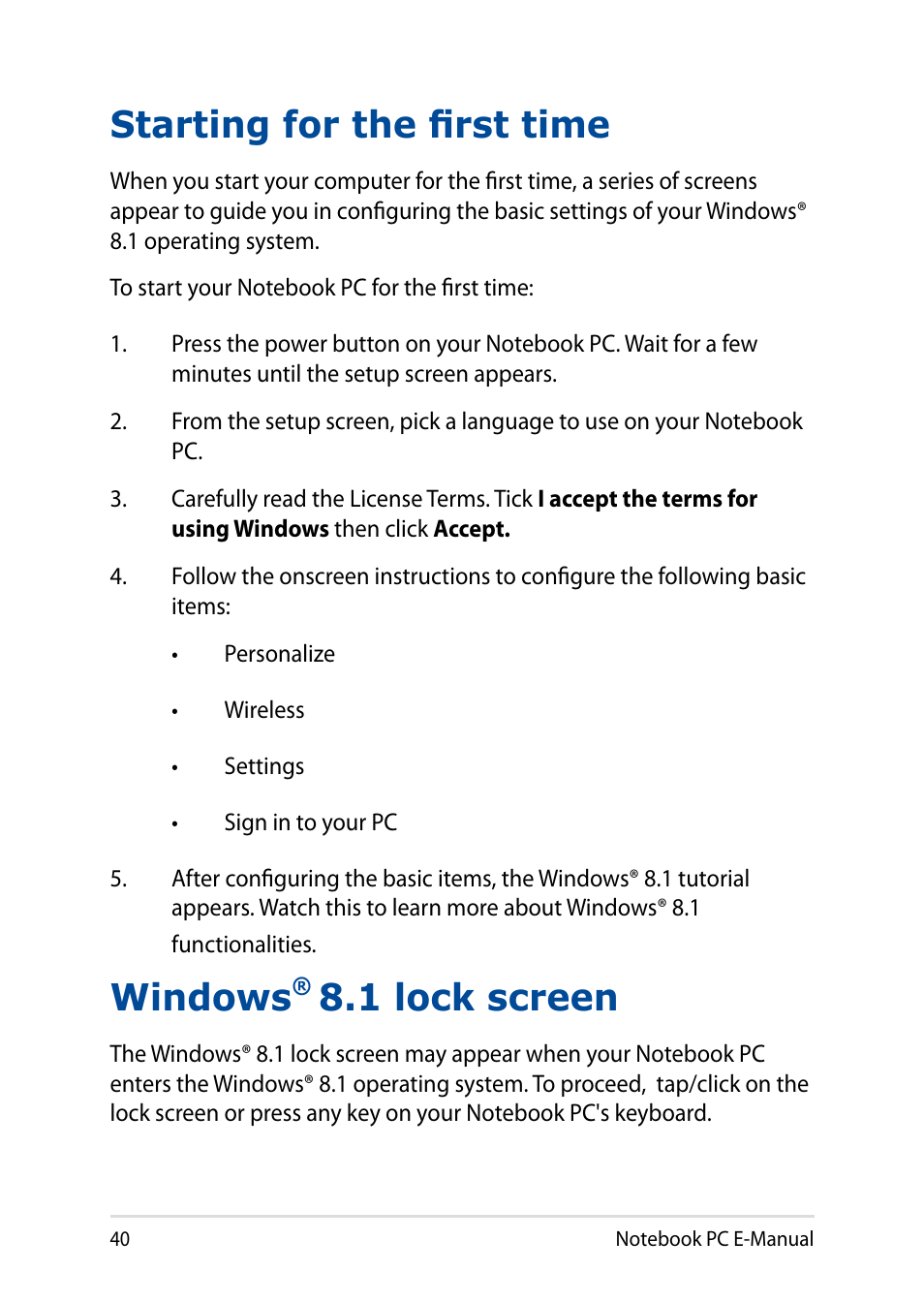 Starting for the first time, Windows® 8.1 lock screen, Starting for the first time windows | 1 lock screen, Windows | Asus X751LD User Manual | Page 40 / 104