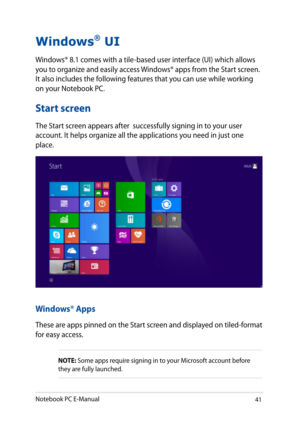 Windows® ui, Start screen, Windows | Asus X751LD User Manual | Page 41 / 104