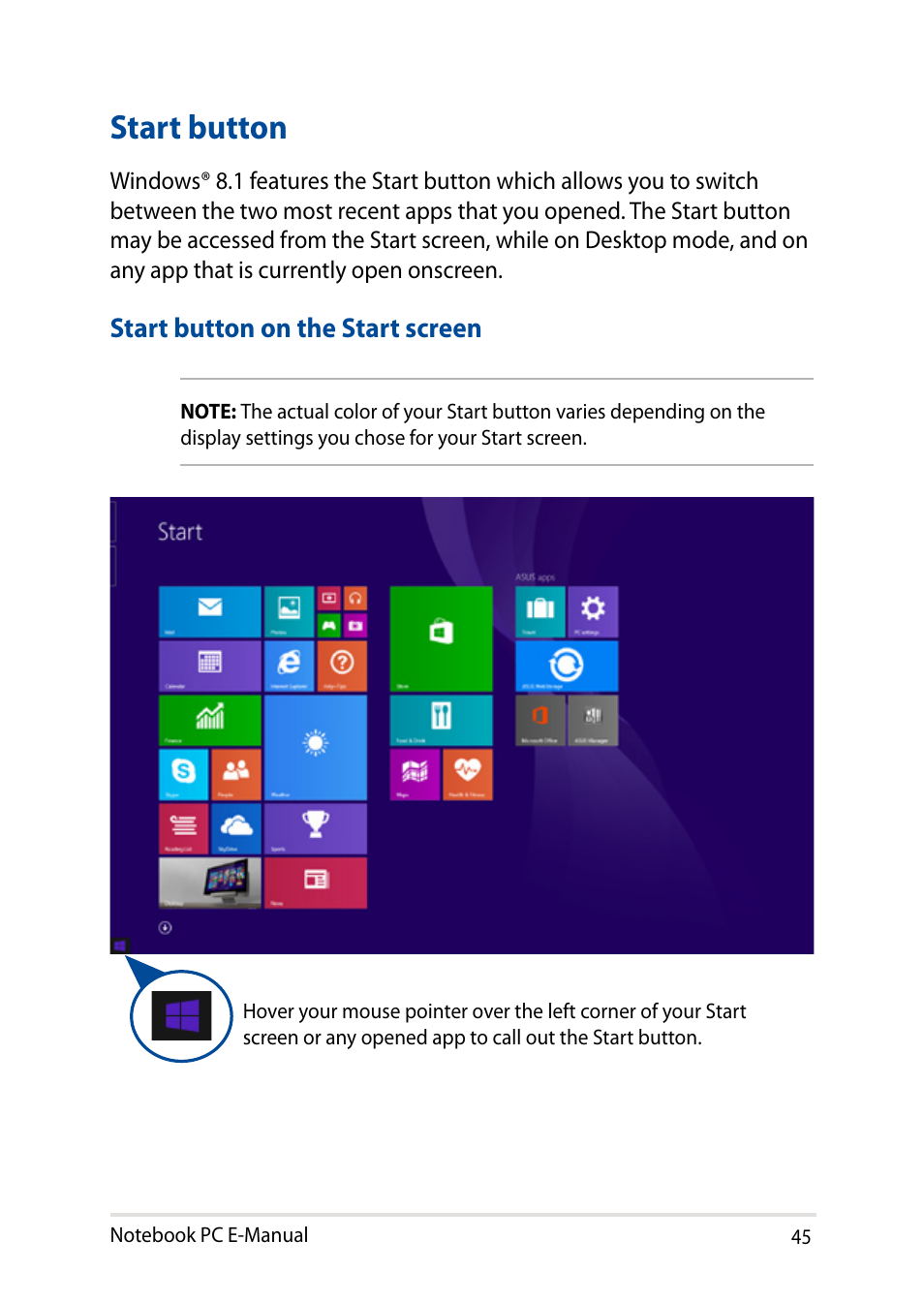 Start button, Start button on the start screen | Asus X751LD User Manual | Page 45 / 104