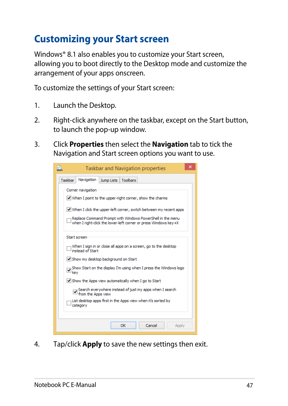 Customizing your start screen | Asus X751LD User Manual | Page 47 / 104