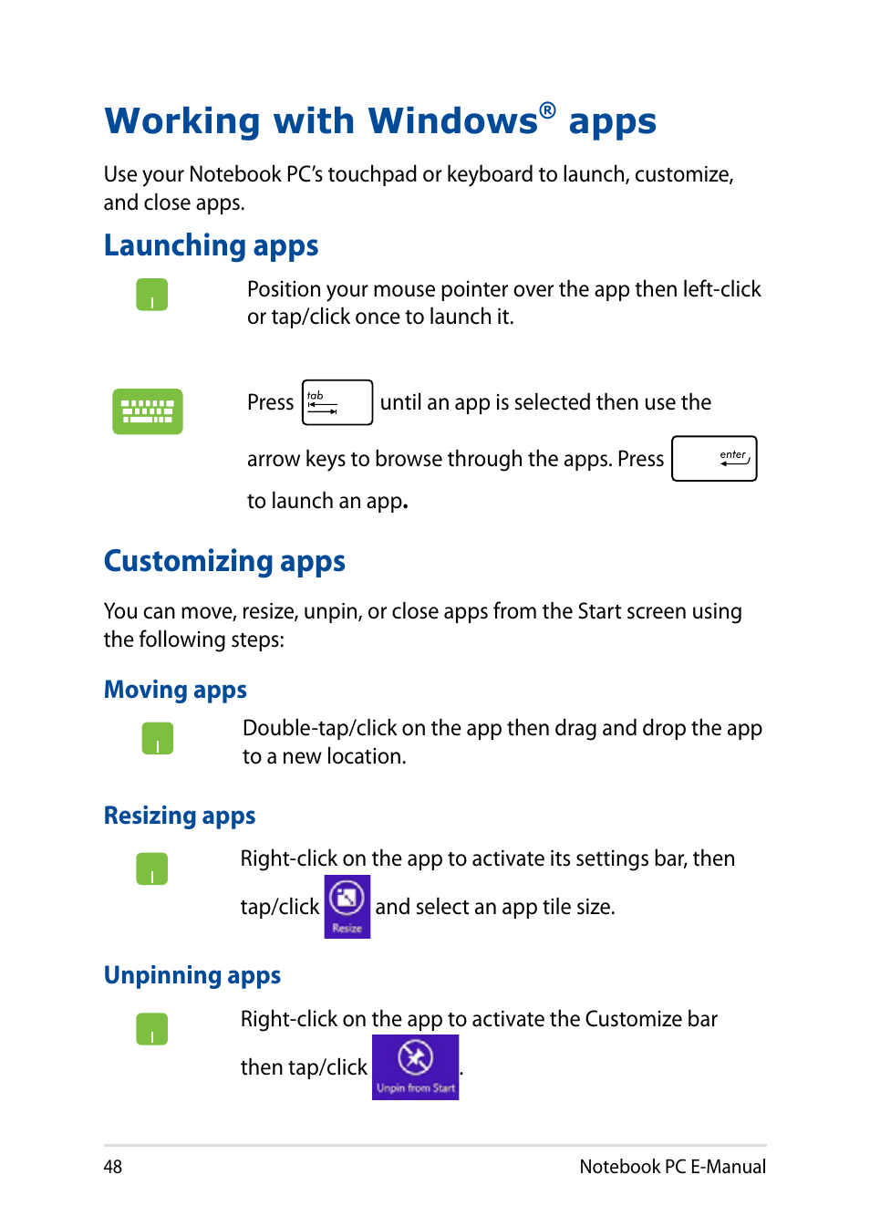 Working with windows® apps, Launching apps, Customizing apps | Working with windows, Apps, Launching apps customizing apps | Asus X751LD User Manual | Page 48 / 104