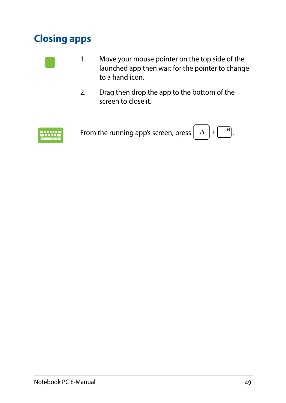 Closing apps | Asus X751LD User Manual | Page 49 / 104