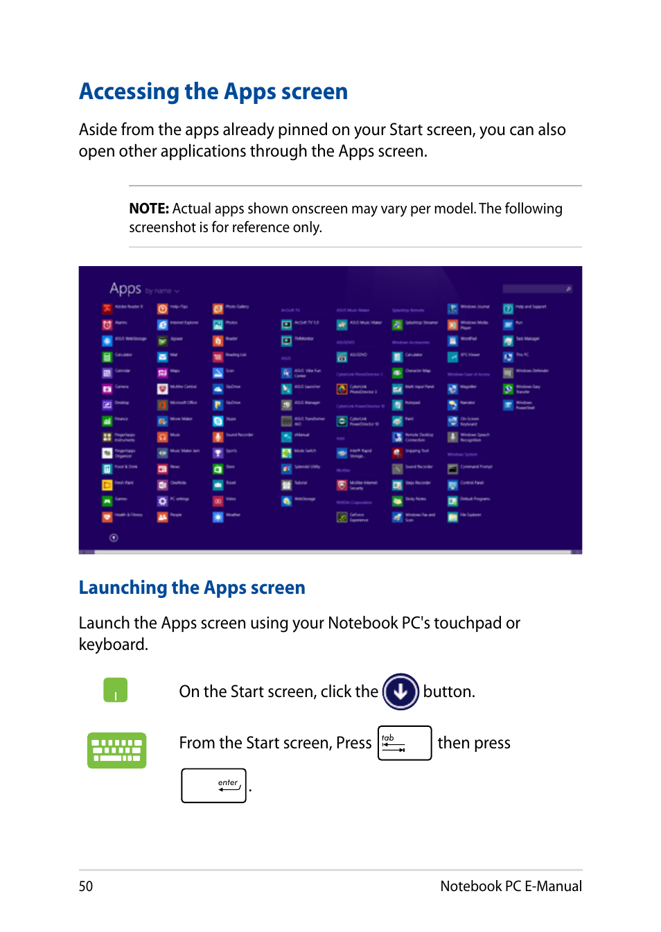 Accessing the apps screen | Asus X751LD User Manual | Page 50 / 104