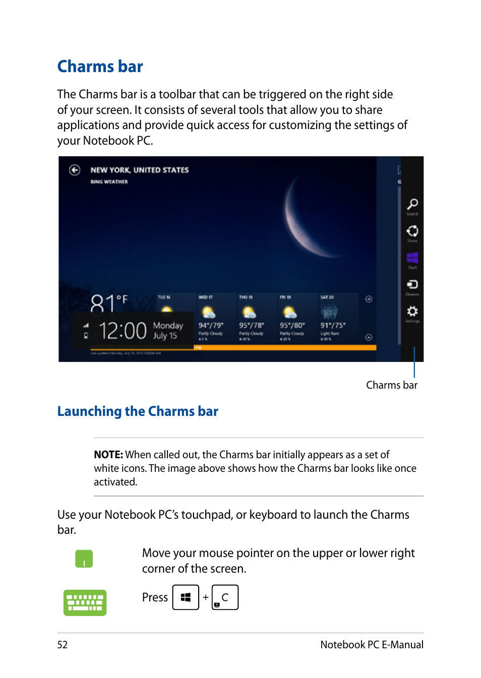 Charms bar | Asus X751LD User Manual | Page 52 / 104