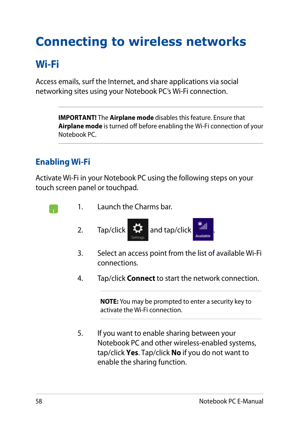 Connecting to wireless networks, Wi-fi | Asus X751LD User Manual | Page 58 / 104