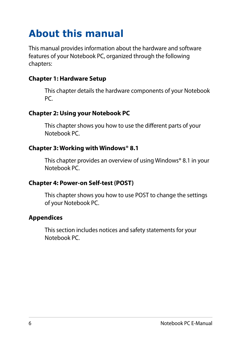 About this manual | Asus X751LD User Manual | Page 6 / 104