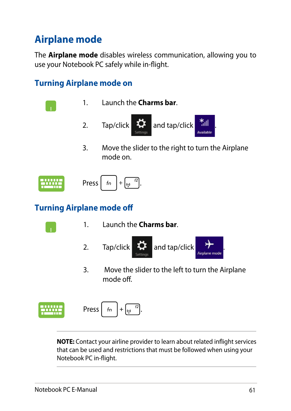 Airplane mode | Asus X751LD User Manual | Page 61 / 104