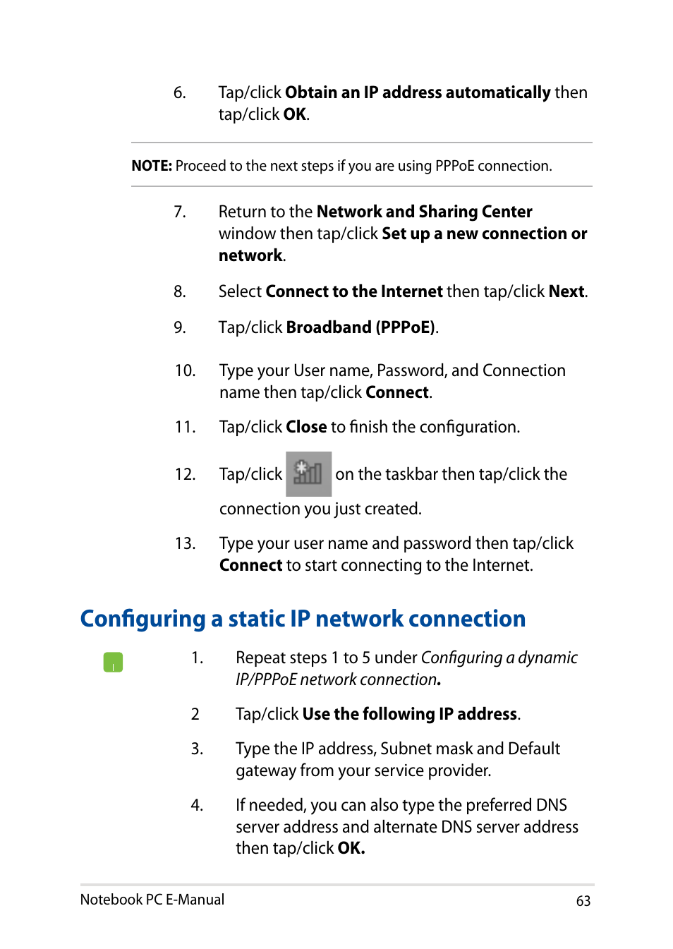Configuring a static ip network connection | Asus X751LD User Manual | Page 63 / 104