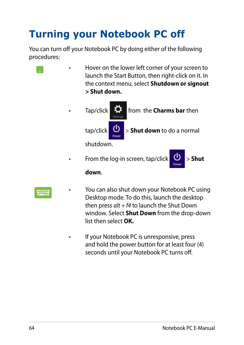 Turning your notebook pc off | Asus X751LD User Manual | Page 64 / 104