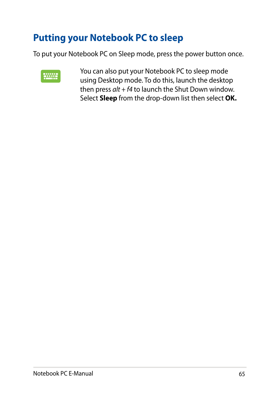 Putting your notebook pc to sleep | Asus X751LD User Manual | Page 65 / 104