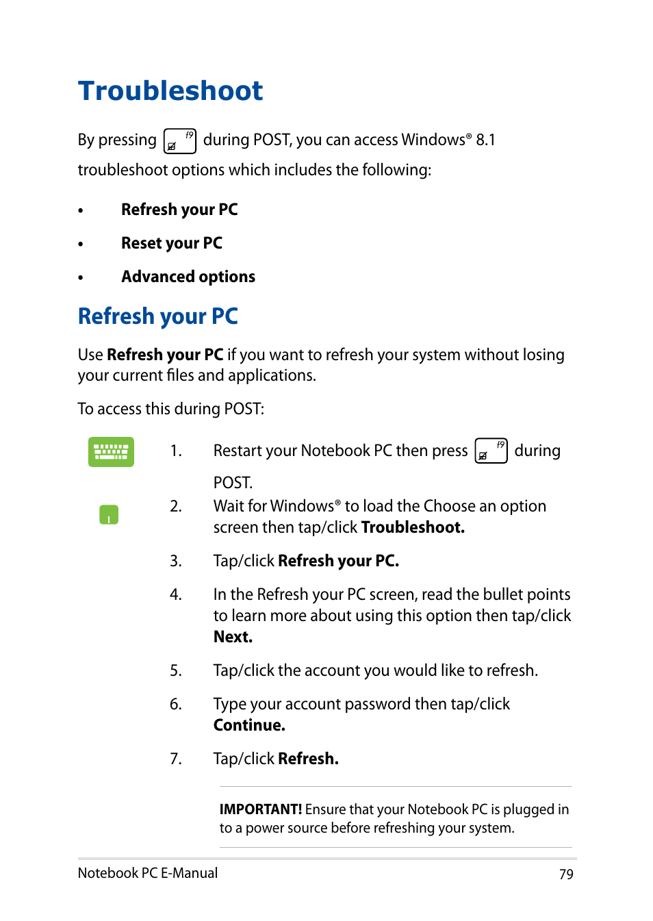 Troubleshoot, Refresh your pc | Asus X751LD User Manual | Page 79 / 104