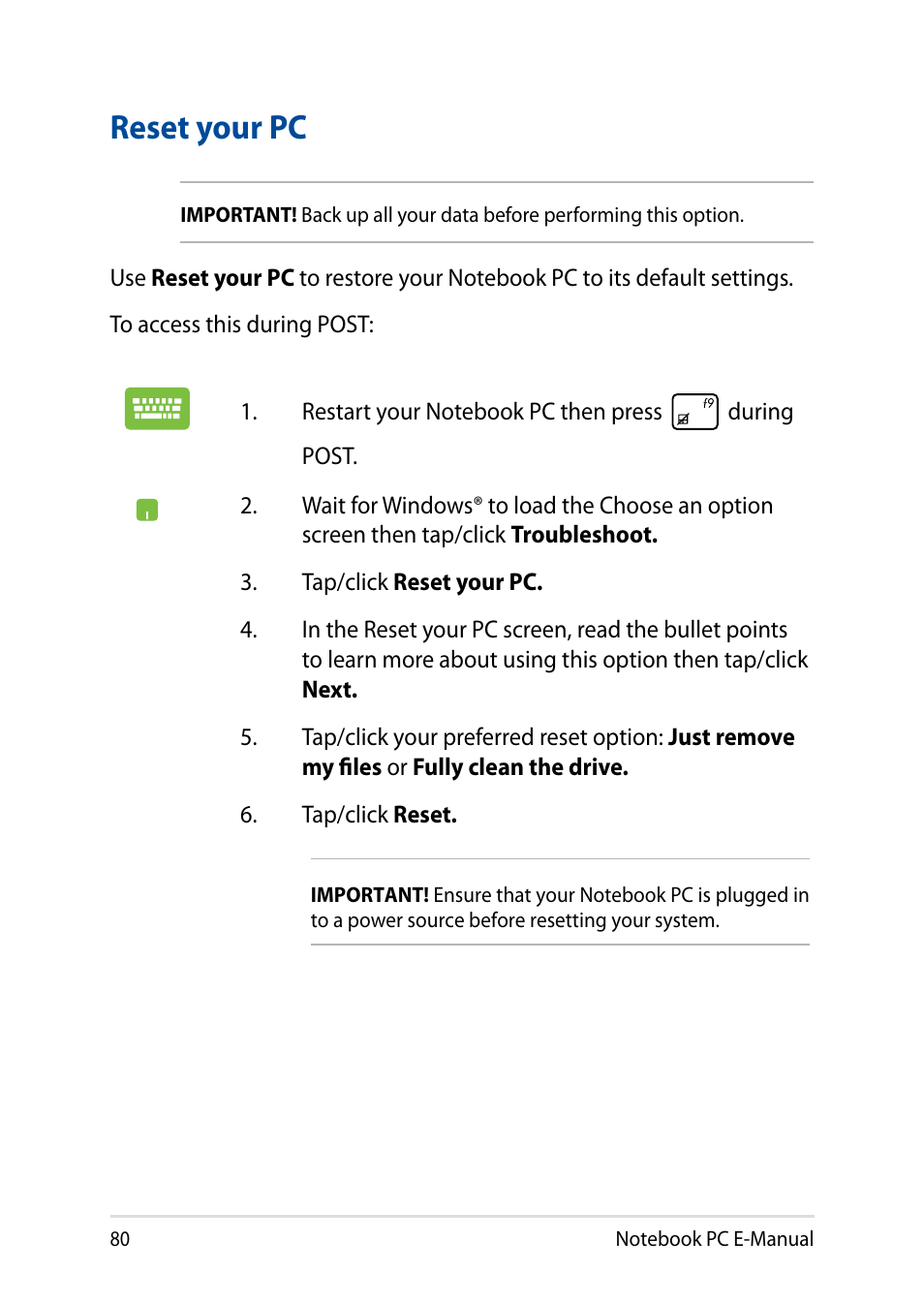 Reset your pc | Asus X751LD User Manual | Page 80 / 104