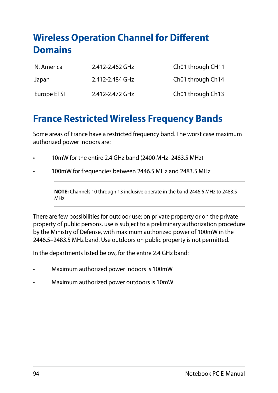 Wireless operation channel for different domains, France restricted wireless frequency bands | Asus X751LD User Manual | Page 94 / 104