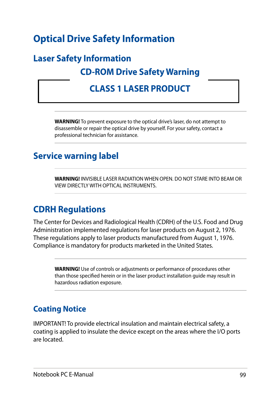 Optical drive safety information, Laser safety information, Cdrh regulations | Coating notice | Asus X751LD User Manual | Page 99 / 104