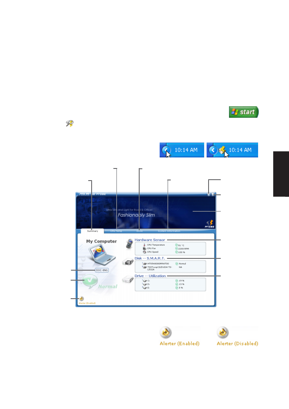 Using nb probe, Starting nb probe, Windows xp taskbar | Warning alarms | Asus Z92Ne User Manual | Page 81 / 104