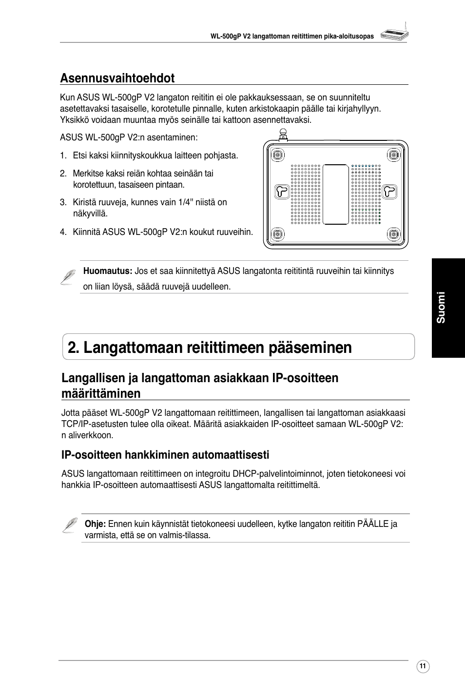 Langattomaan reitittimeen pääseminen, Asennusvaihtoehdot, Ip-osoitteen hankkiminen automaattisesti | Asus WL-500gP V2 User Manual | Page 13 / 88