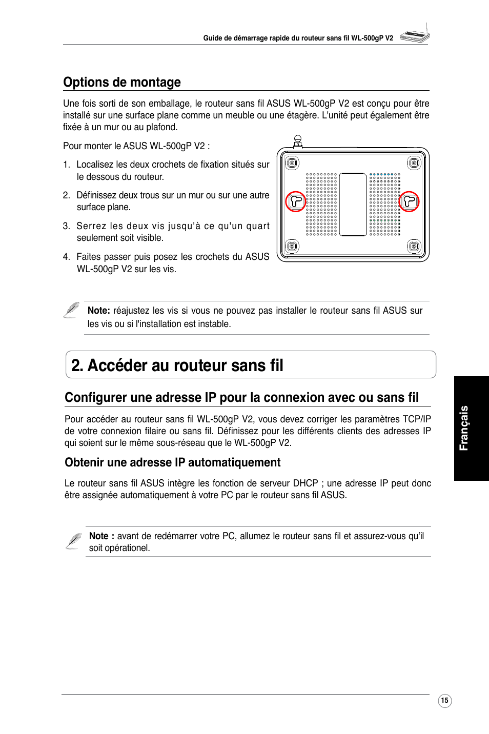 Accéder au routeur sans fil, Options de montage, Obtenir une adresse ip automatiquement | Asus WL-500gP V2 User Manual | Page 17 / 88