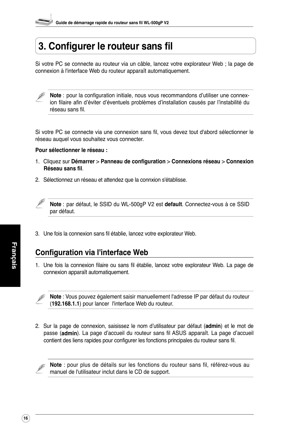 Configurer le routeur sans fil, Configuration via l'interface web | Asus WL-500gP V2 User Manual | Page 18 / 88