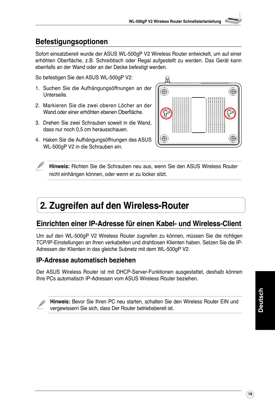 Zugreifen auf den wireless-router, Befestigungsoptionen, Ip-adresse automatisch beziehen | Asus WL-500gP V2 User Manual | Page 21 / 88