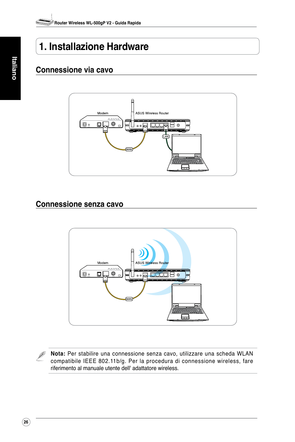 Installazione hardware, Connessione via cavo connessione senza cavo | Asus WL-500gP V2 User Manual | Page 28 / 88