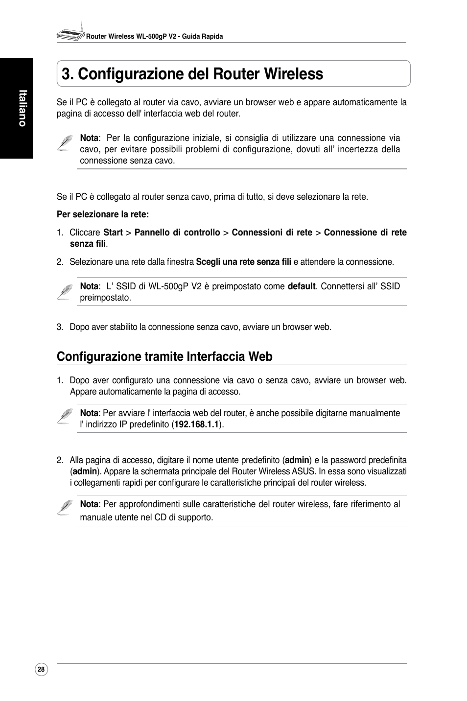 Configurazione del router wireless, Configurazione tramite interfaccia web | Asus WL-500gP V2 User Manual | Page 30 / 88