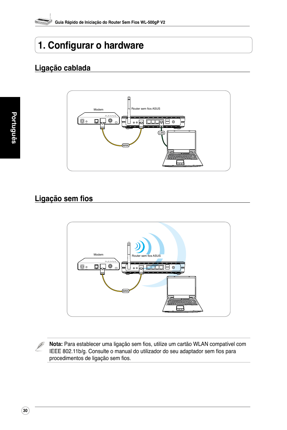 Configurar o hardware, Ligação cablada ligação sem fios, Português | Asus WL-500gP V2 User Manual | Page 32 / 88