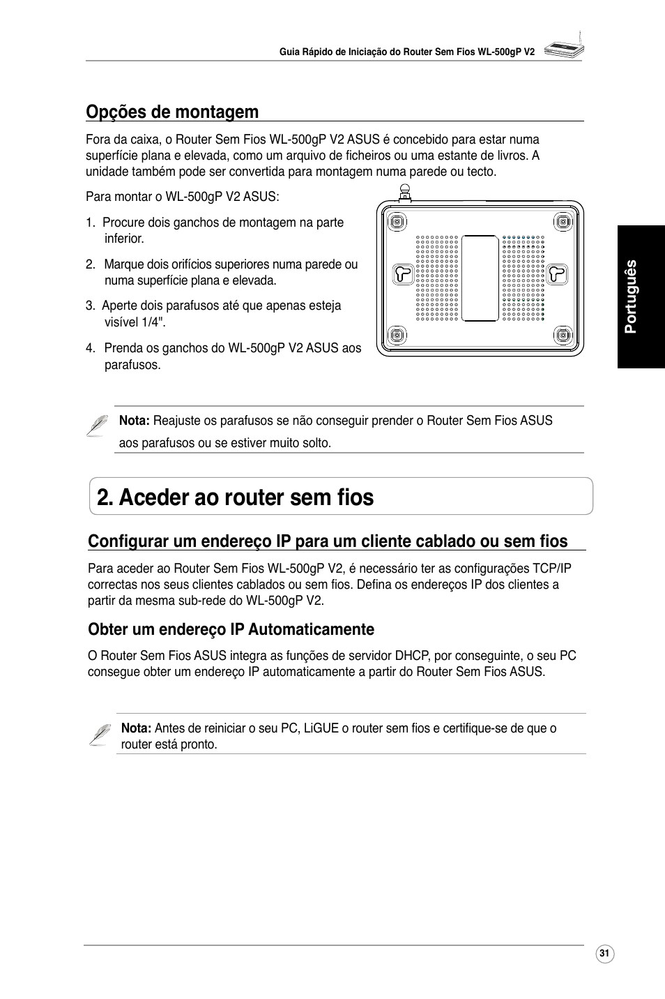 Aceder ao router sem fios, Opções de montagem, Obter um endereço ip automaticamente | Asus WL-500gP V2 User Manual | Page 33 / 88