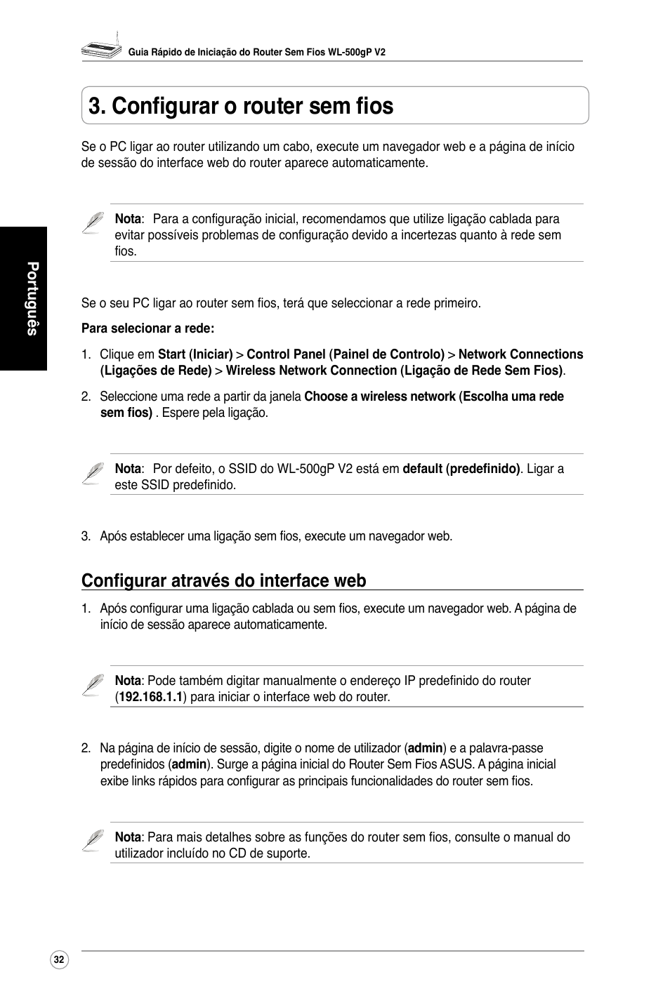 Configurar o router sem fios, Configurar através do interface web | Asus WL-500gP V2 User Manual | Page 34 / 88
