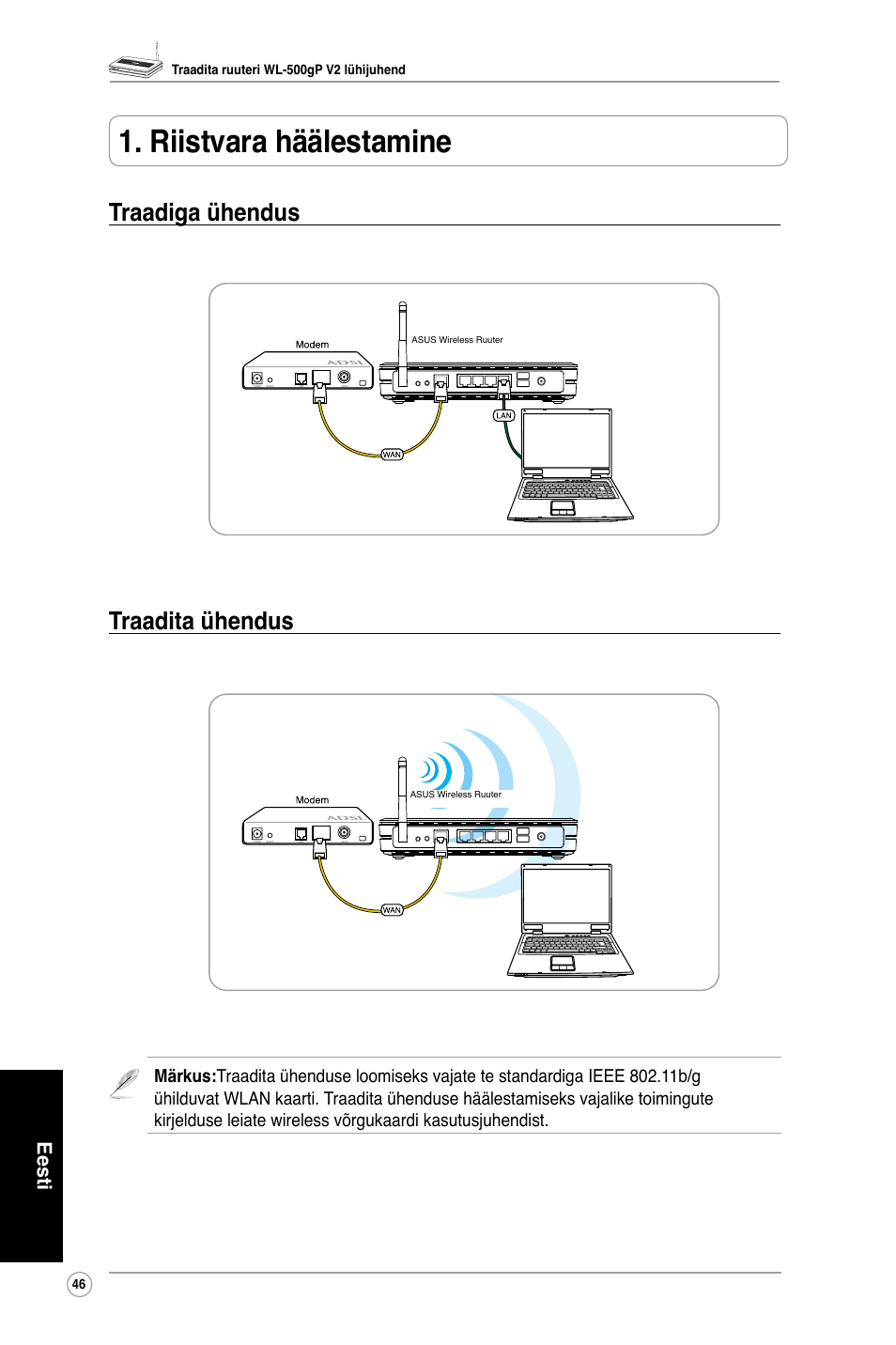 Riistvara häälestamine, Traadiga ühendus traadita ühendus | Asus WL-500gP V2 User Manual | Page 48 / 88