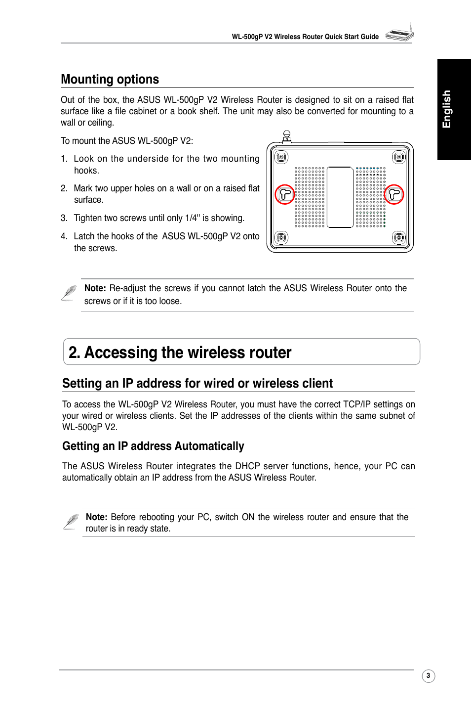 Accessing the wireless router, Mounting options, Setting an ip address for wired or wireless client | Getting an ip address automatically | Asus WL-500gP V2 User Manual | Page 5 / 88