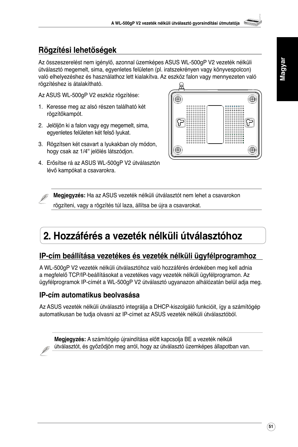 Hozzáférés a vezeték nélküli útválasztóhoz, Rögzítési lehetőségek, Ip-cím automatikus beolvasása | Asus WL-500gP V2 User Manual | Page 53 / 88