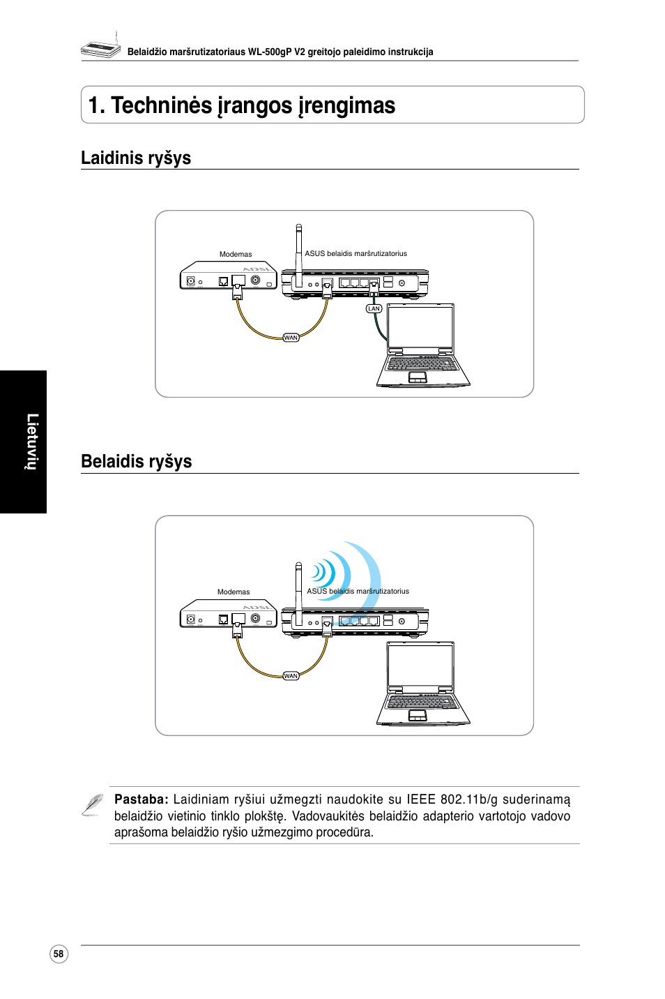 Techninės įrangos įrengimas, Laidinis ryšys belaidis ryšys | Asus WL-500gP V2 User Manual | Page 60 / 88