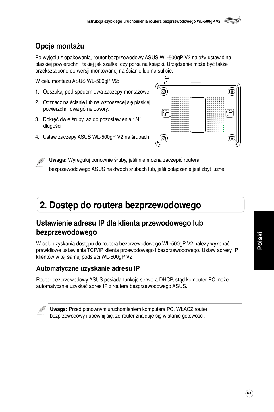 Dostęp do routera bezprzewodowego, Opcje montażu, Automatyczne uzyskanie adresu ip | Asus WL-500gP V2 User Manual | Page 65 / 88