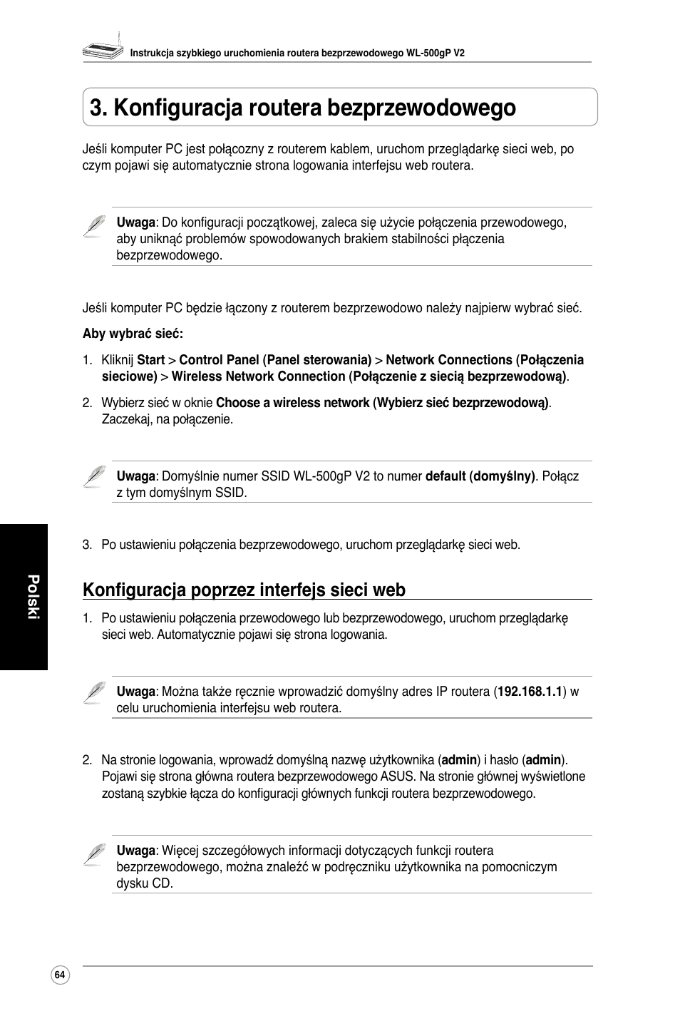 Konfiguracja routera bezprzewodowego, Konfiguracja poprzez interfejs sieci web | Asus WL-500gP V2 User Manual | Page 66 / 88