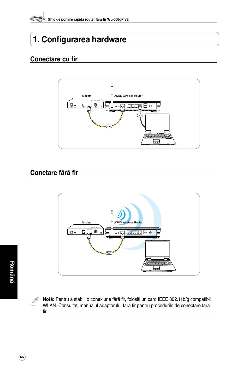 Configurarea hardware, Conectare cu fir conctare fără fir | Asus WL-500gP V2 User Manual | Page 68 / 88