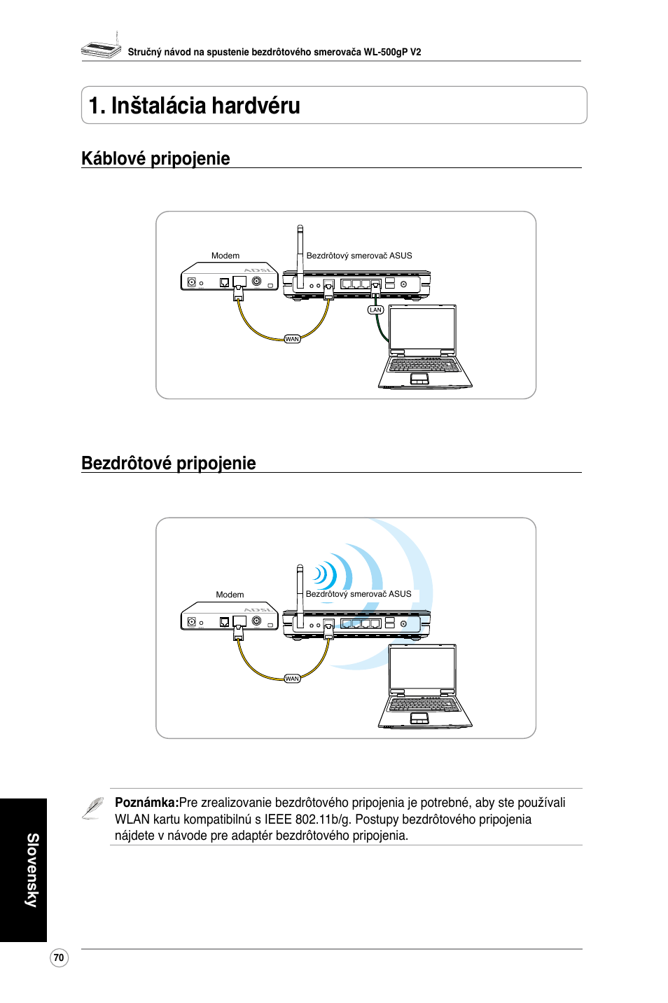 Inštalácia hardvéru, Káblové pripojenie bezdrôtové pripojenie | Asus WL-500gP V2 User Manual | Page 72 / 88