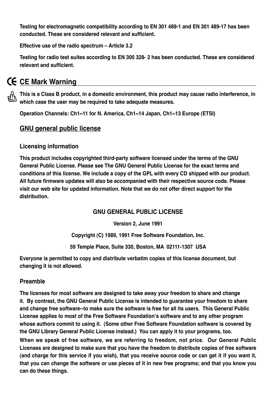 Ce mark warning, Gnu general public license | Asus WL-500gP V2 User Manual | Page 85 / 88