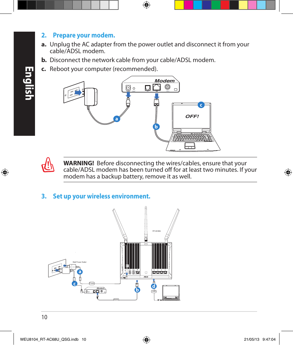 English, Prepare your modem, Set up your wireless environment | Asus RT-AC68U User Manual | Page 10 / 196