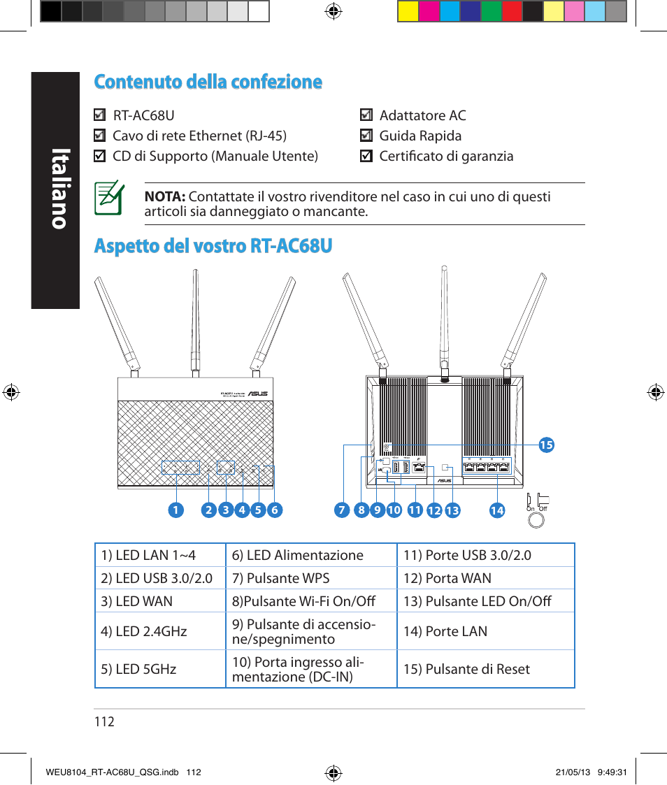 English, Italiano, Contenuto della confezione | Aspetto del vostro rt-ac68u | Asus RT-AC68U User Manual | Page 112 / 196