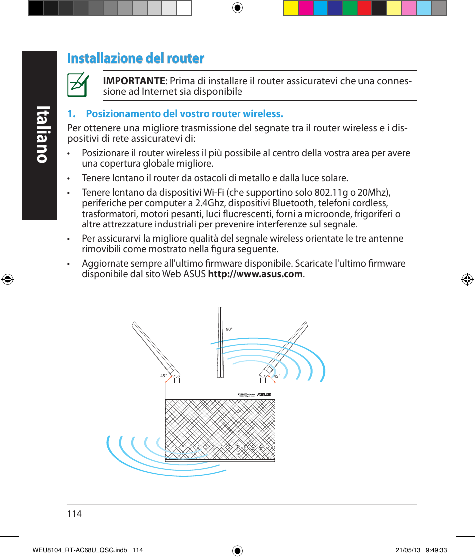 Italiano, Installazione del router | Asus RT-AC68U User Manual | Page 114 / 196