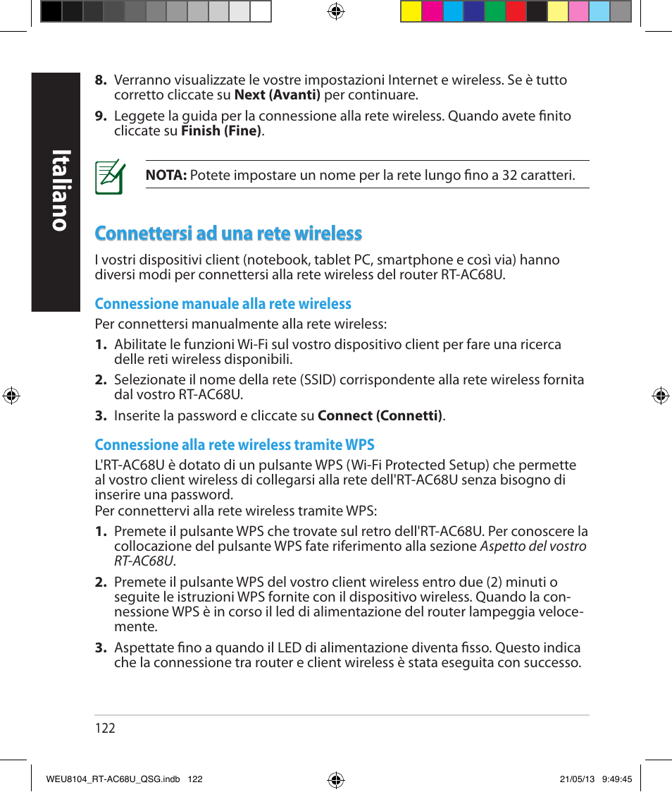 Italiano, Connettersi ad una rete wireless | Asus RT-AC68U User Manual | Page 122 / 196