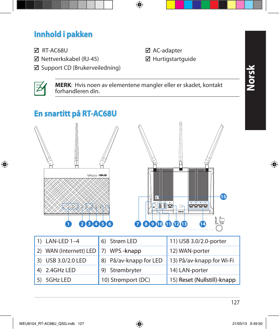 Norsk, Innhold i pakken, En snartitt på rt-ac68u | Asus RT-AC68U User Manual | Page 127 / 196