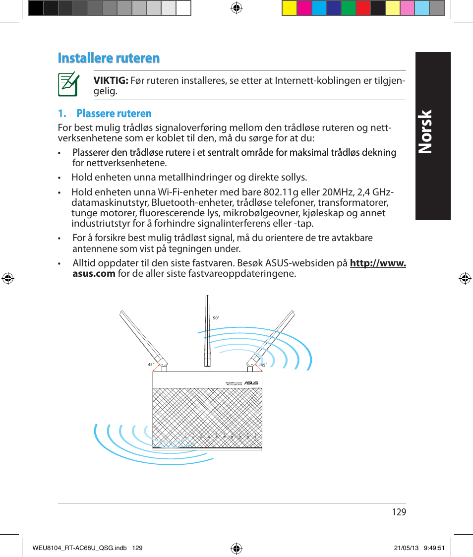 Norsk, Installere ruteren, Plassere ruteren plassere ruteren | Asus RT-AC68U User Manual | Page 129 / 196