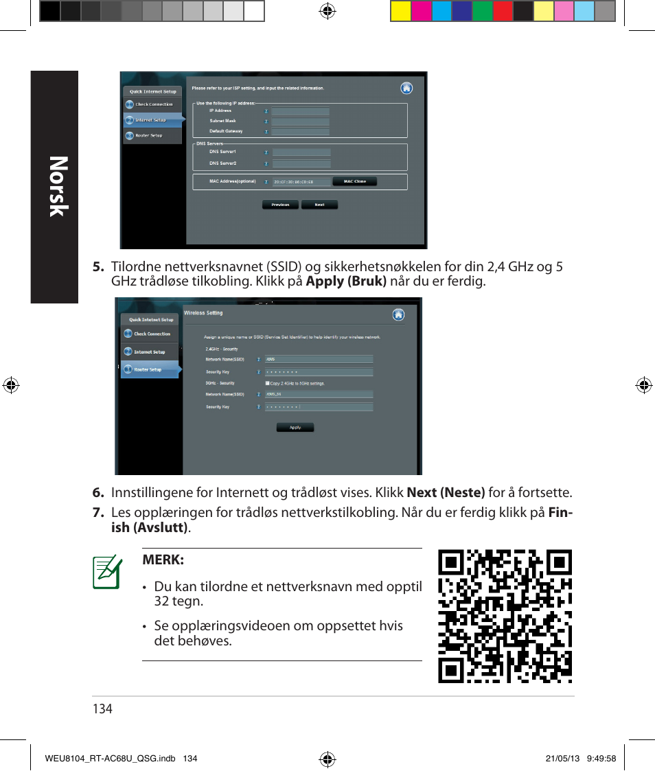 Norsk | Asus RT-AC68U User Manual | Page 134 / 196