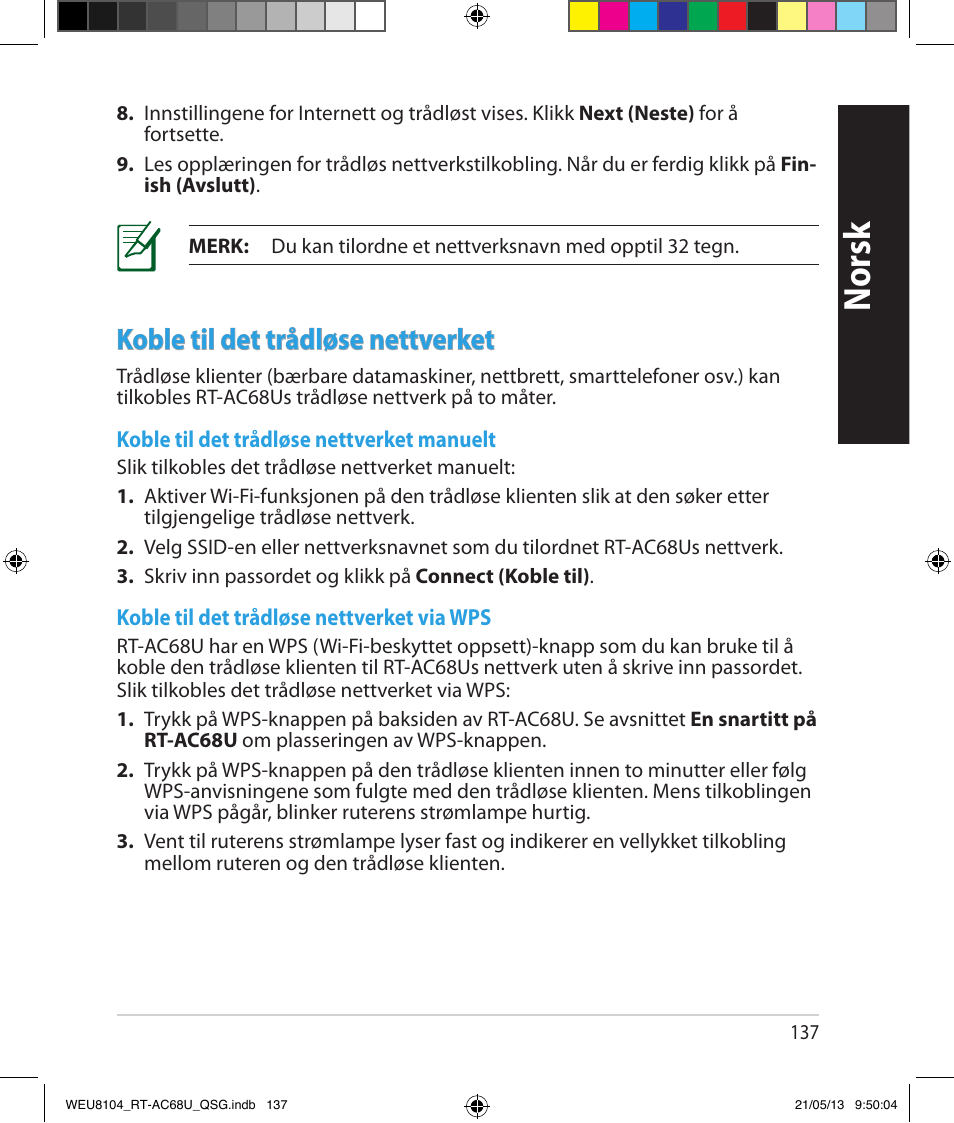 Norsk, Koble til det trådløse nettverket | Asus RT-AC68U User Manual | Page 137 / 196