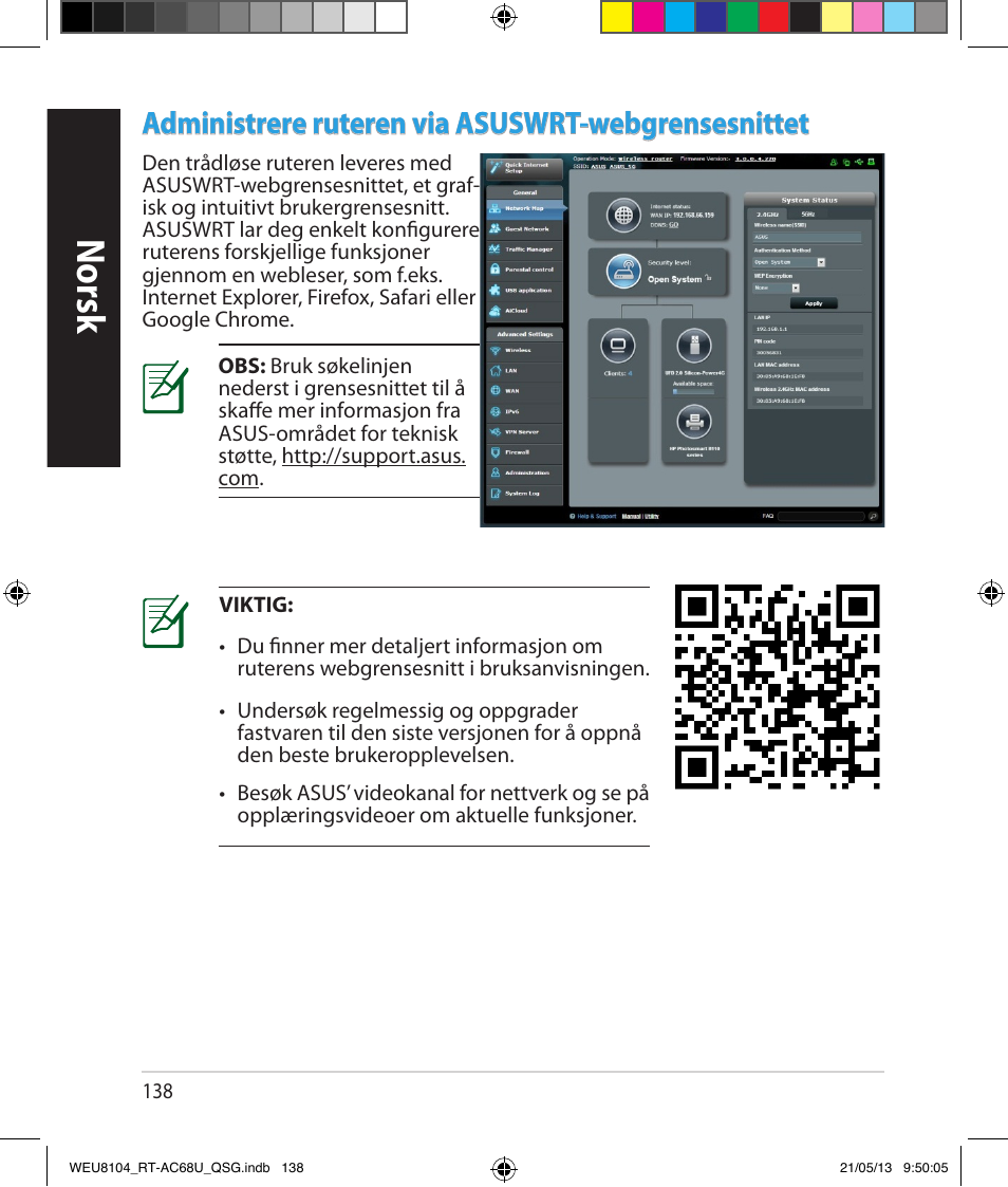 Norsk, Administrere ruteren via asuswrt-webgrensesnittet | Asus RT-AC68U User Manual | Page 138 / 196